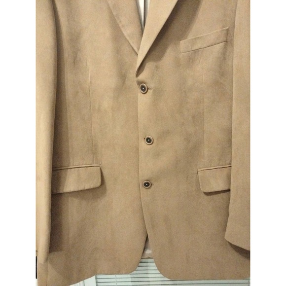 Beige Tan Faux Suede 3 button Men Blazer Size 44 L - Picture 2 of 10